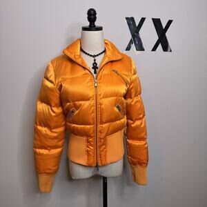 Vintage Y2K EXPRESS Neon Orange Zip Up Puffer Crop Jacket Pockets Rave Indie M